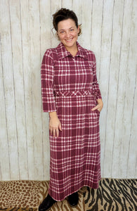 Adorable In Plaid Lounge Dress-Burgundy Plaid Small