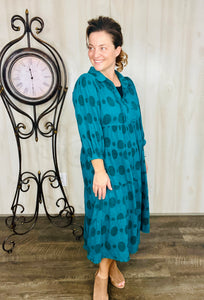 Cindy Jacquard Puff Sleeve Dress- (Teal)