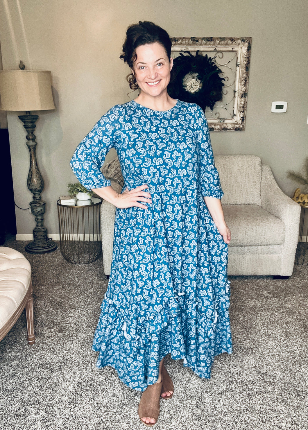 Michella High Low Dress-Denim Paisley