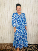 Cassie Tiered Boho Style Dress-Blue & Ivory Floral