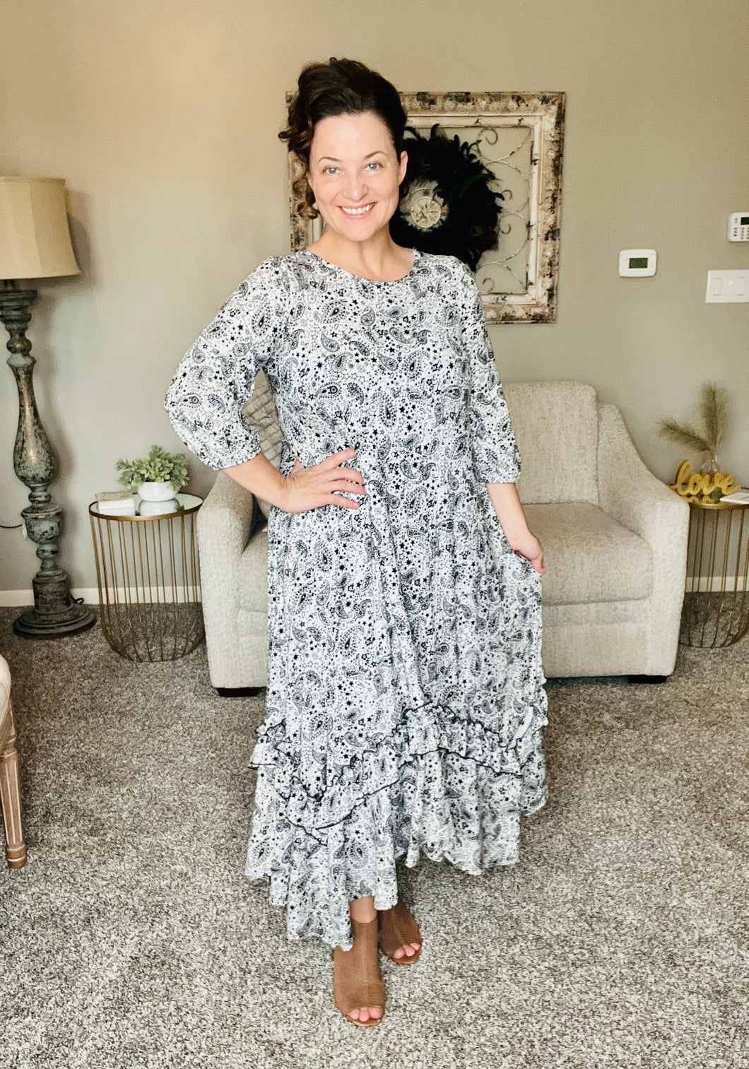 Michella High Low Dress-Black & White Paisley