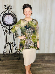 Samantha Ruffle High Low Tunic-Olive Paisley