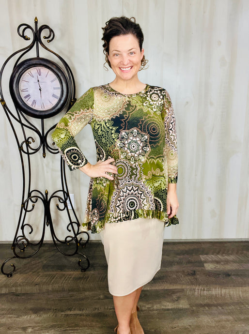 Samantha Ruffle High Low Tunic-Olive Paisley