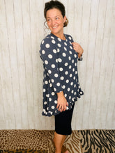 Samantha Ruffle High Low Tunic-Navy Polkadot