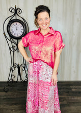 Metallic Short Sleeve Buttons Shirt-Pink or Rose Red