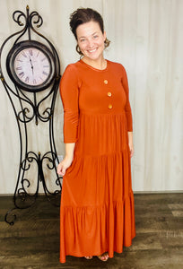 Tonya & Wood Button Dress- Brick