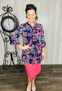 Jasmine Bow & Ruffle Tunic- Purple Paisley