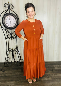 Tonya & Wood Button Dress- Brick
