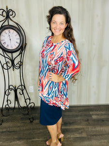 Samantha Ruffle High Low Tunic-Teal & Rust