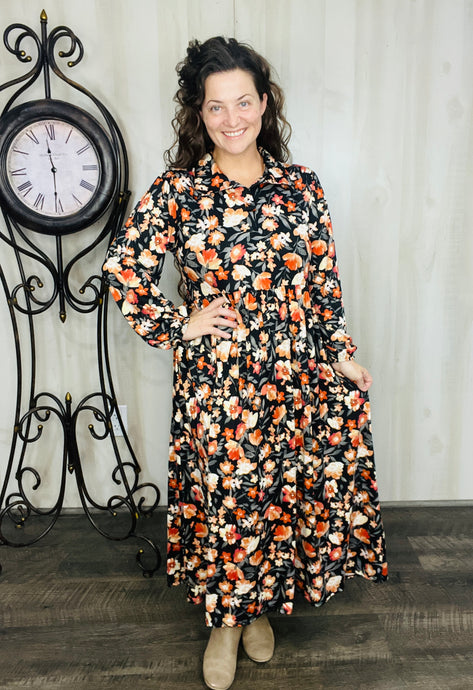 Kaylee Collared Black & Floral Dress