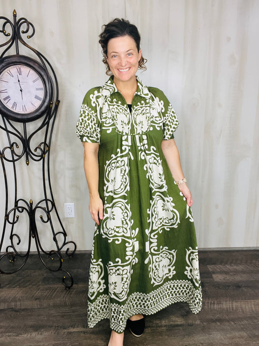 Melanie Boho Smocked Front Dress- Olive