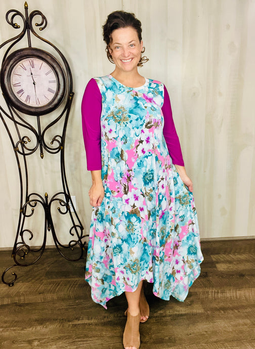 Blue Floral & Magenta Love Dress