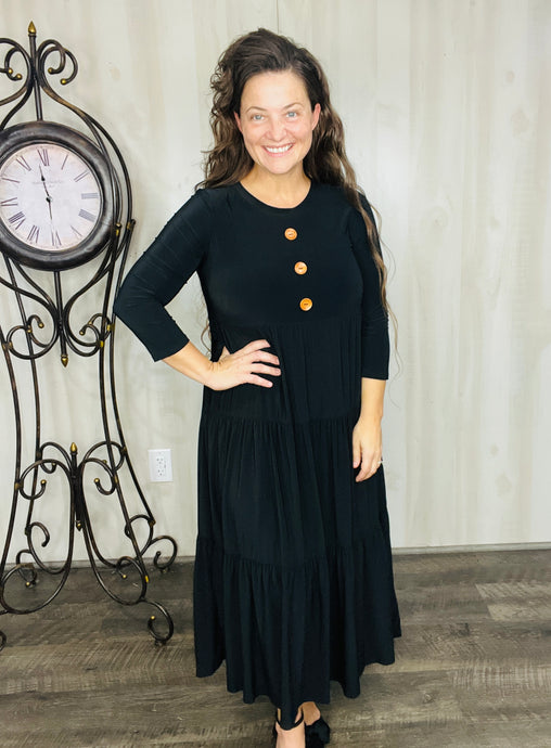 Tonya & Wood Button Dress- Black