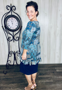 Samantha Ruffle High Low Tunic-Blue Patchwork & Floral