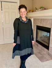 Black & White Striped Cowl Neck Tunic Dress