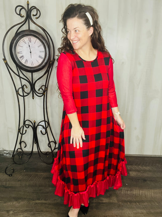 Michella Red Buffalo Plaid/Red Shimmer Sleeves Dress