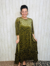 Kayla Ruffled Burnout Velvet Dress-Olive Leopard