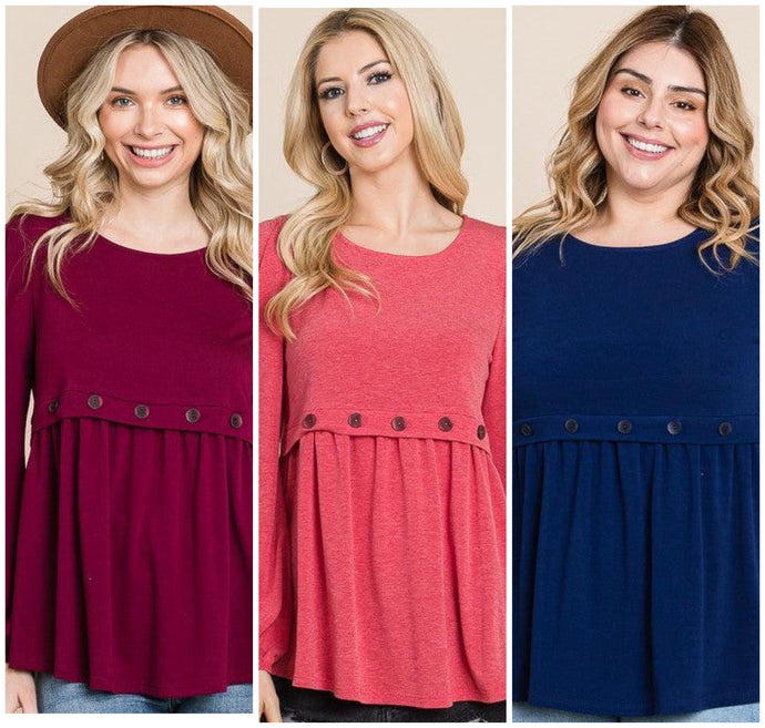 Baby Doll & Buttons Top- Red, Wine & Navy