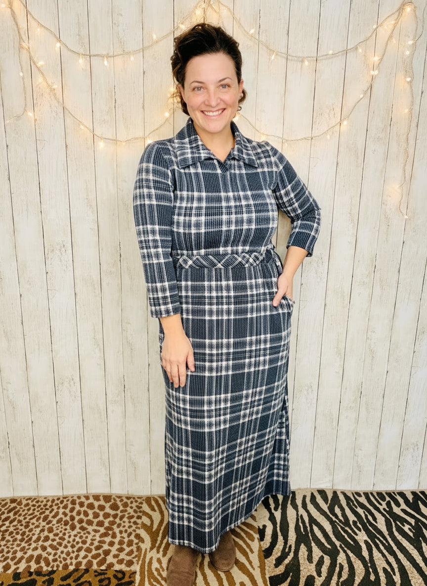 Adorable In Plaid Lounge Dress-Navy Plaid