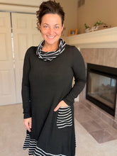 Black & White Striped Cowl Neck Tunic Dress