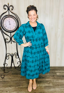 Cindy Jacquard Puff Sleeve Dress- (Teal)