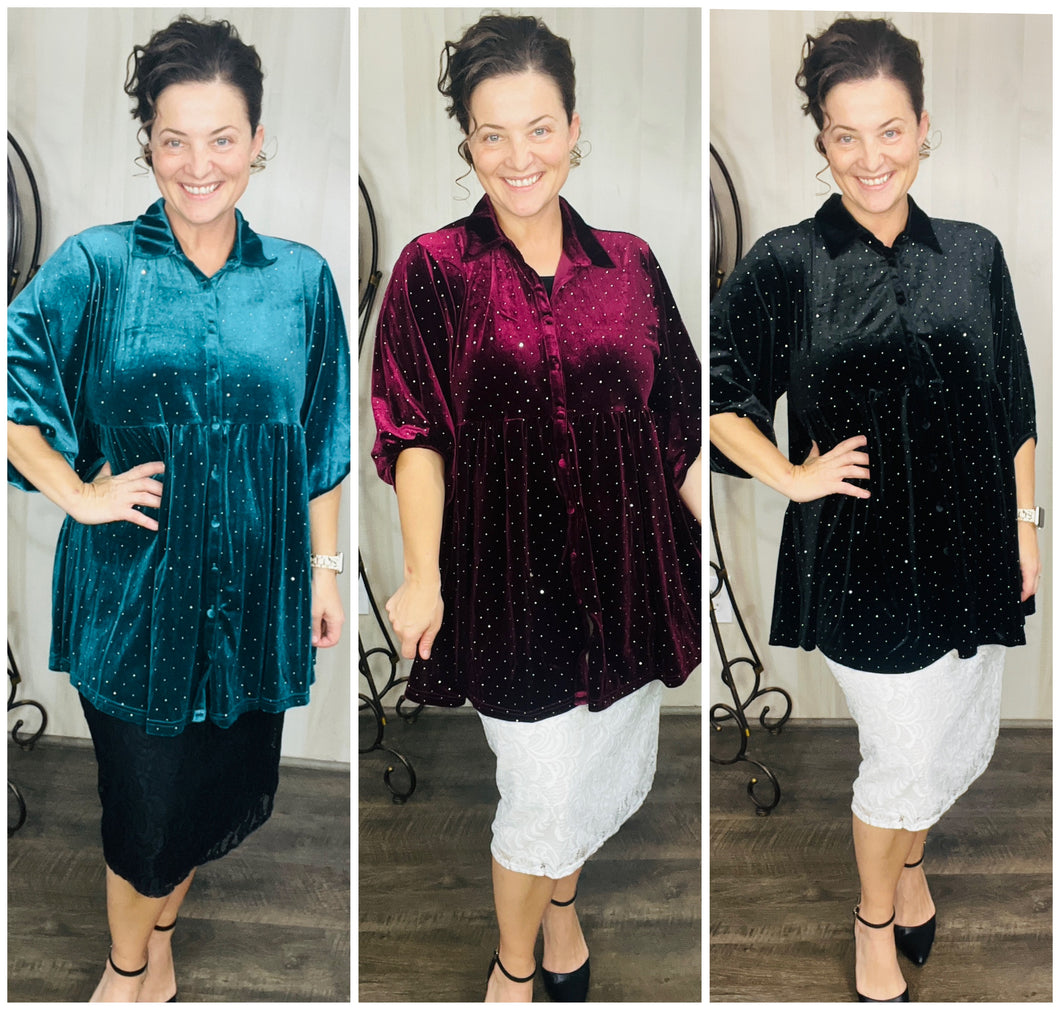 Velvet & Rhinestone Tunic- Teal Green, Plum, or Black