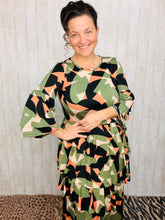 Candice Three Ruffle Dress- Olive Geometric Style