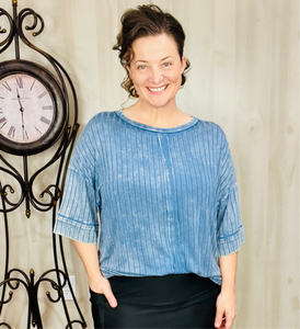 Ribbed Acid Wash Half Sleeve Top-Dusty Blue