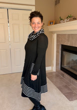 Black & White Striped Cowl Neck Tunic Dress