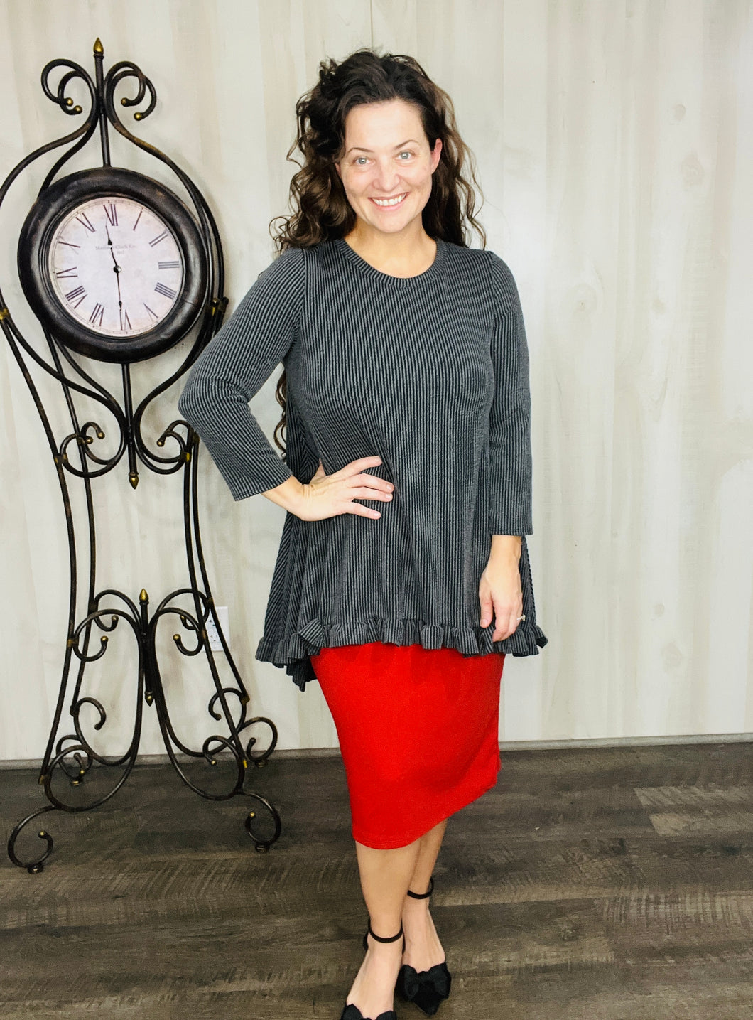 Samantha Ruffle High Low Tunic-Ribbed Black/Charcoal