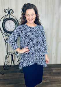 Samantha Ruffle High Low Tunic-Navy Geometric