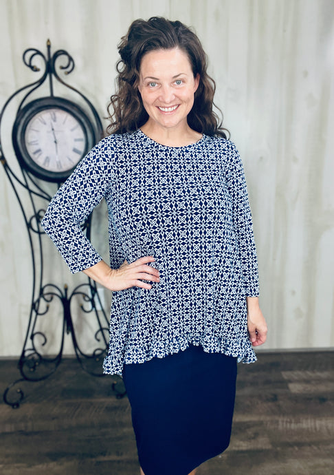 Samantha Ruffle High Low Tunic-Navy Geometric
