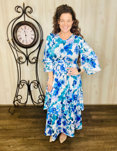 Juliet Ruffle Dress- Blue Floral Garden