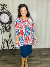 Samantha Ruffle High Low Tunic-Teal & Rust