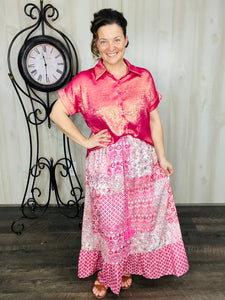 Metallic Short Sleeve Buttons Shirt-Pink or Rose Red