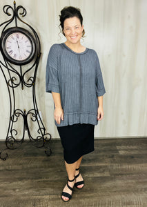 Ribbed Acid Wash Half Sleeve Top-Ash Grey