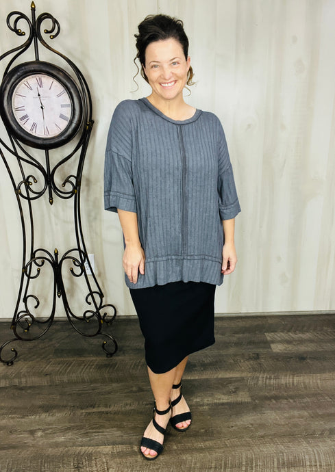 Ribbed Acid Wash Half Sleeve Top-Ash Grey