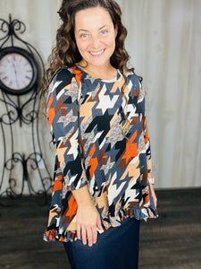 Samantha Ruffle High Low Tunic- Houndstooth of Color