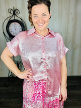Metallic Short Sleeve Buttons Shirt-Pink or Rose Red