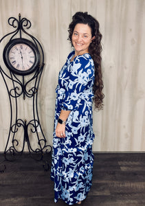 Amanda Royal Blue & Floral Ruffle Dress