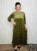 Kayla Ruffled Burnout Velvet Dress-Olive Leopard