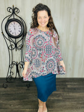 Samantha Ruffle High Low Tunic- Blue & Pink Geometric