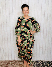 Candice Three Ruffle Dress- Olive Geometric Style