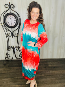 Teal & Red Tie Dye Style Parachute Dress