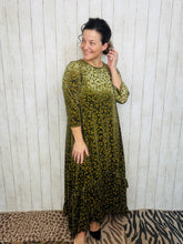 Kayla Ruffled Burnout Velvet Dress-Olive Leopard