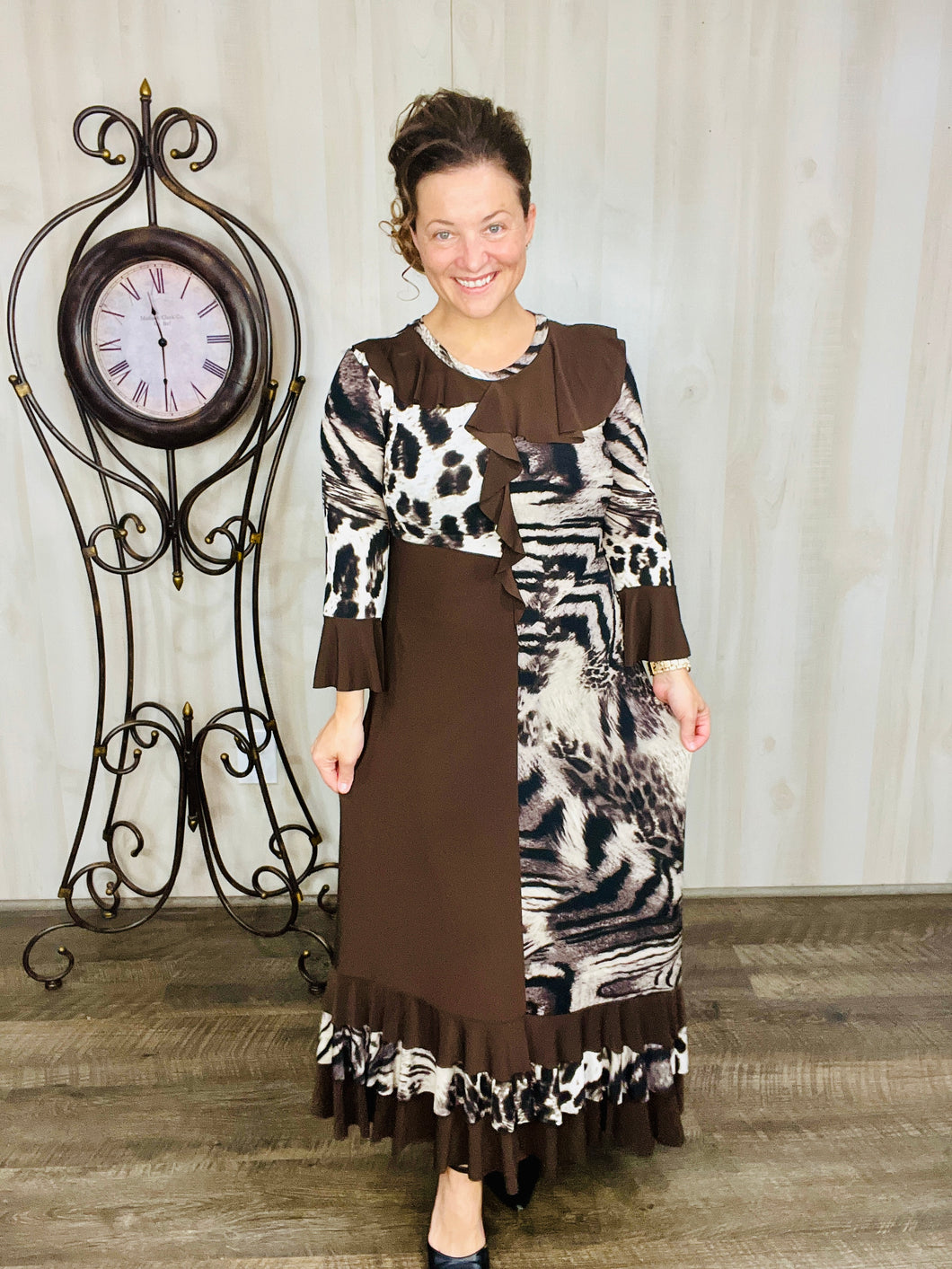 Raquel Ruffles & Chocolate Brown Animal Print Dress