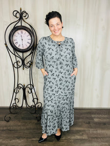 Rena Charcoal & Ditsy Floral Print Dress