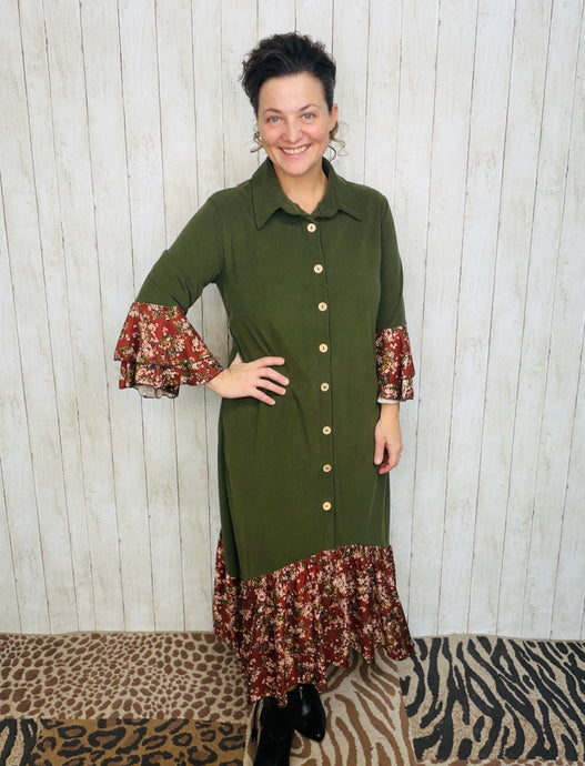 Cammie Button Front Dress- Olive & Floral
