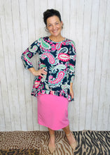 Samantha Ruffle High Low Tunic-Navy & Pink Paisley