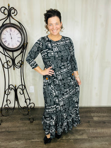 Misty Black Newsprint Button Dress